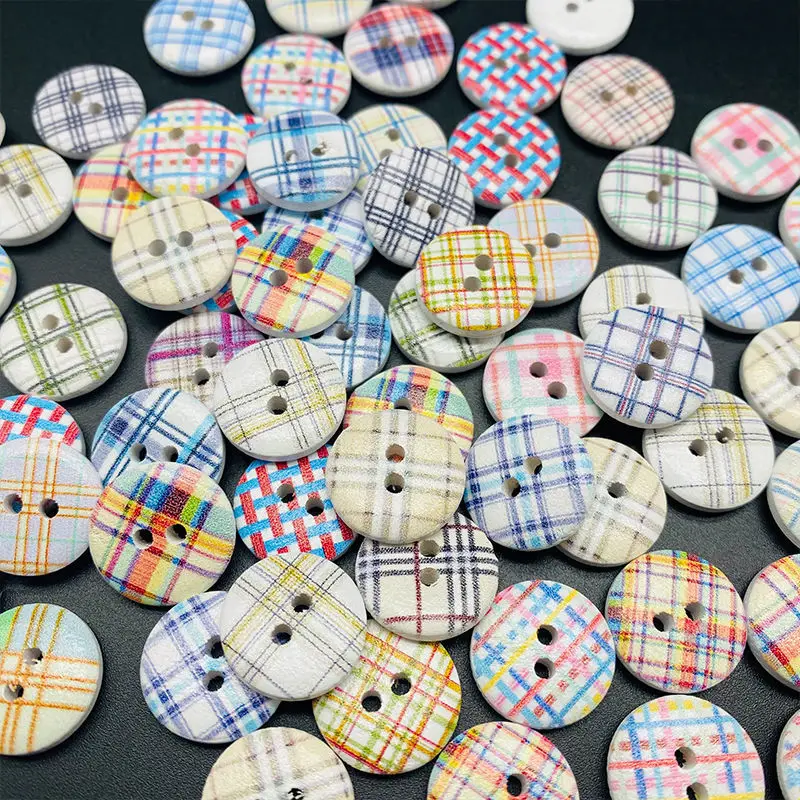 

50pcs/lot Lattice Painted Wood Buttons for DIY Craft Card Making Sewing Clothes 15mm Flatback Embellishments Sewing Supplies