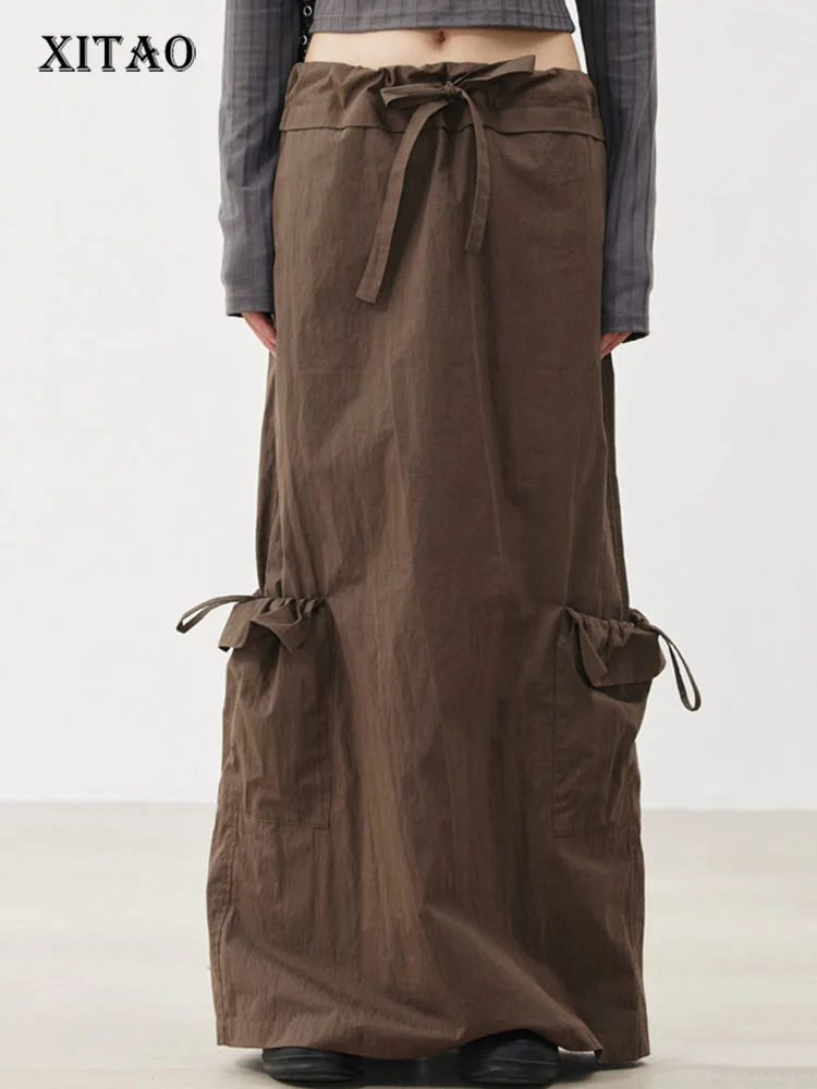 

XITAO Drawstring Pocket Decoration Straight Cylinder Skirt Loose Casual 2023 Summer Women New Floor Length Skirt DMJ1908