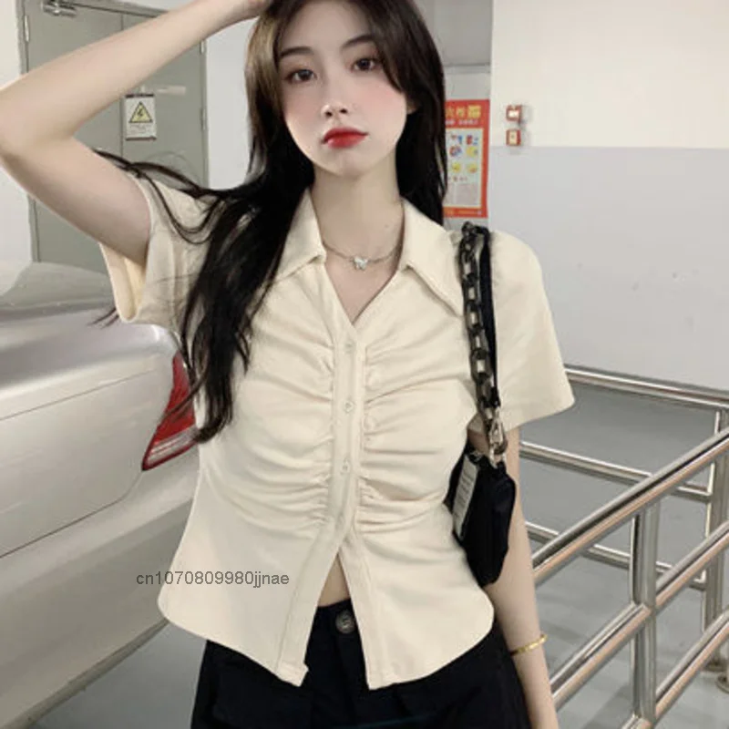 

Korean Style New Summer V-neck Sexy Polo Short Shirt For Women Fashion Vintage Short Top Casual Elengant Clothes Y2k Girl Ladies