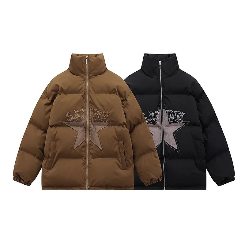 

American Retro Star Embroidery Stand Collar Bread Jacket Men's Fashion Brand Loose and Thick Warm Wadded Jacket
