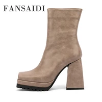 fansaidi winter chunky heels zipper platform short boots fashion ladies waterproof ankle boots strange style heels 42 43 44 45