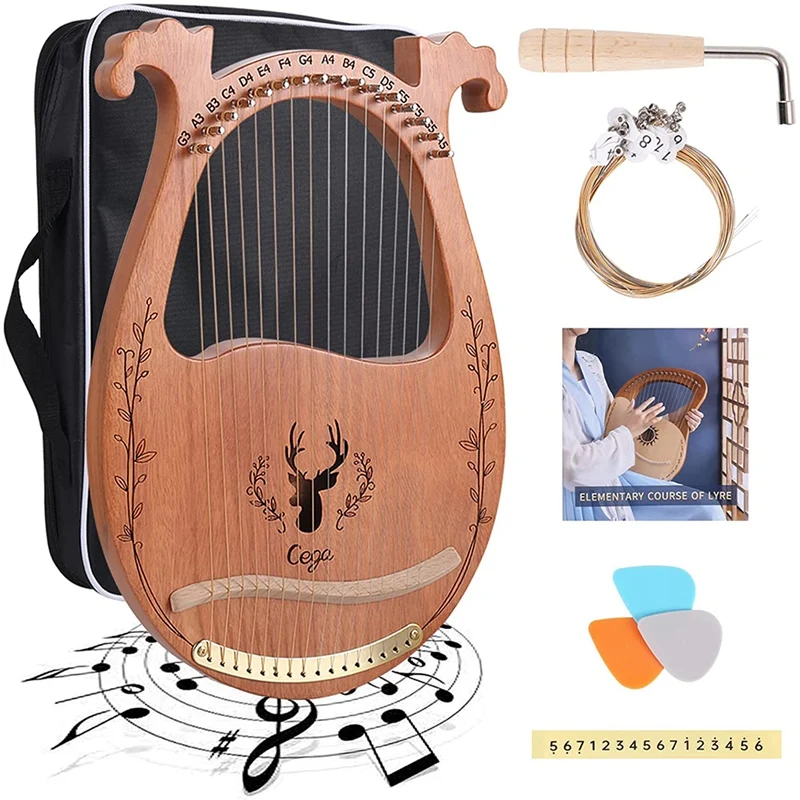 Lyre Harp,16 Strings Mahogany Acoustic Harp With Extra Strings, Picks, Tuning Lever,Gig Bag, Beginner's Manual For Lyre