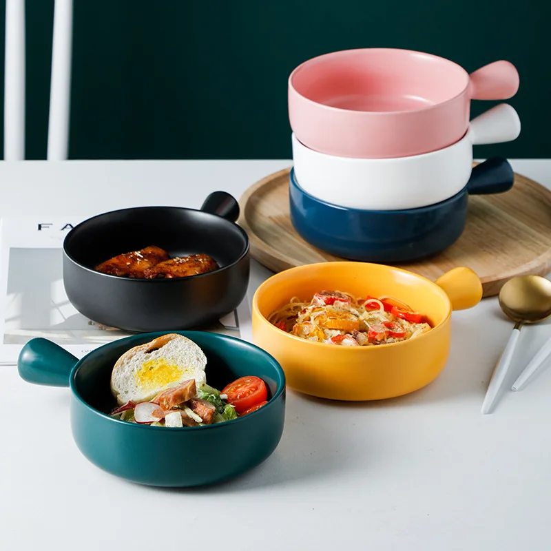 

Nordic Ceramic Salad Bowl with Handle Breakfast Cereal Fruit Bowl Solid Color Dessert Soup Noodle Bowl Microwave Oven