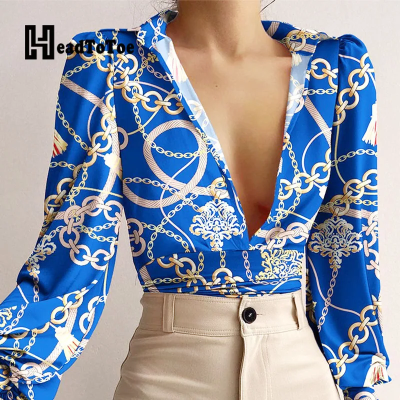 

Chain Print Sexy Deep V Neck Long Sleeve Bouse Tops Women