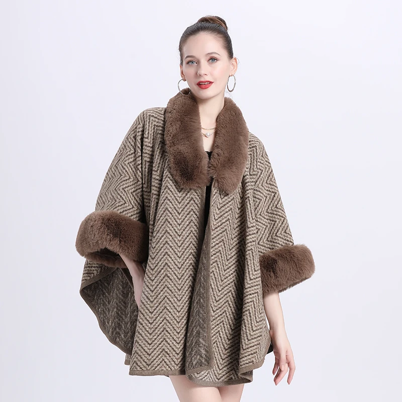 

M GIRLS Wave Stripes Wool Blends Loose Cloak Elegant Faux Rex Rabbit Fur Coat Women Autumn Winter Overcoat Plus Size Batsleeve