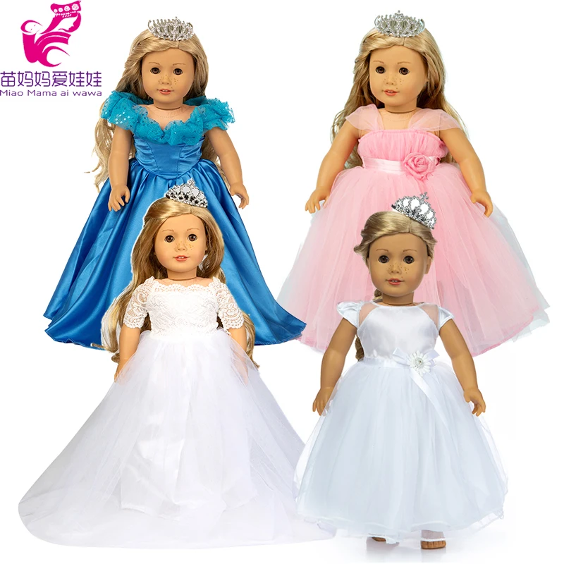 18 Inch Girl Doll White Pink Wedding Dress with Crown for 43