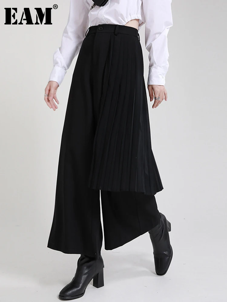 

[EAM] High Elastic Waist Black Pleated Long Wide Leg Trousers New Loose Fit Pants Women Fashion Tide Spring Autumn 2022 1DE2074