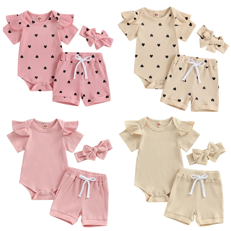 

Комплект из 3 предметов Lioraitiin для маленьких девочек 0-18 месяцев, комбинезон с коротким рукавом и шорты с эластичным поясом, повязка на голову, наряд, 2023-05-14