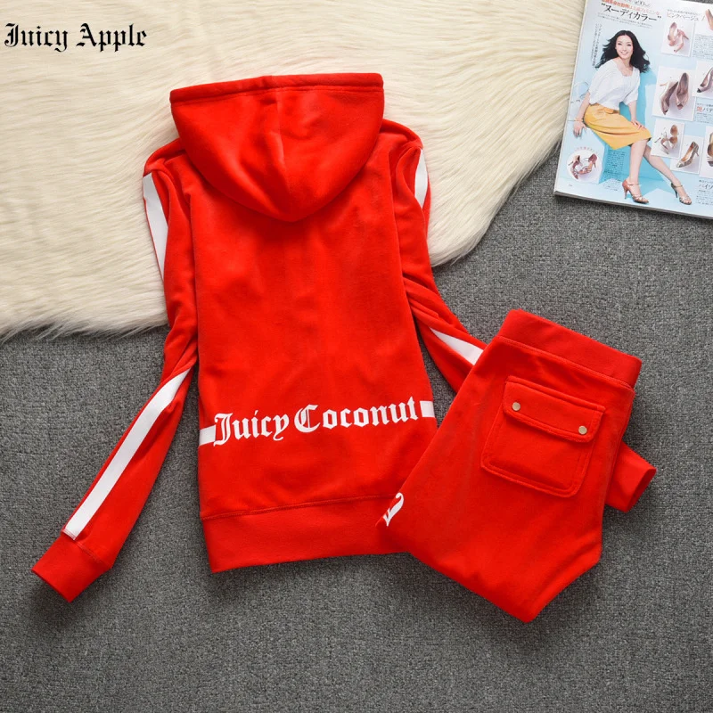 Juicy Apple Vintage Street Velvet 2Pcs Set Women Tracksuit Sport Suit Fall Spring Casual Outfit Long Sleeve Hoodie Coat + Pants