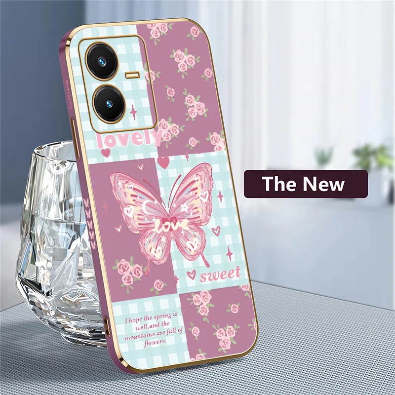 Soft Case For Vivo V21E V21 V20 SE V25E LATAM V25 V23E V40 V30E V30 Pro V29E V29 V27E V27 Plating Butterfly Flower Cover