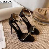 pumps black high heeled sandals with straps 2022 summer new ladies temperament chain open toe with high heeled shoes stiletto