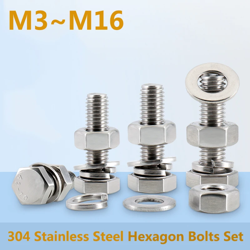 

20-1PCS 304 Stainless Steel Hex Head Screws Nuts Flat Washers Lock Washers Kits Hexagon Bolts Set M3 M4 M5 M6 M8 M10 M12 M14 M16