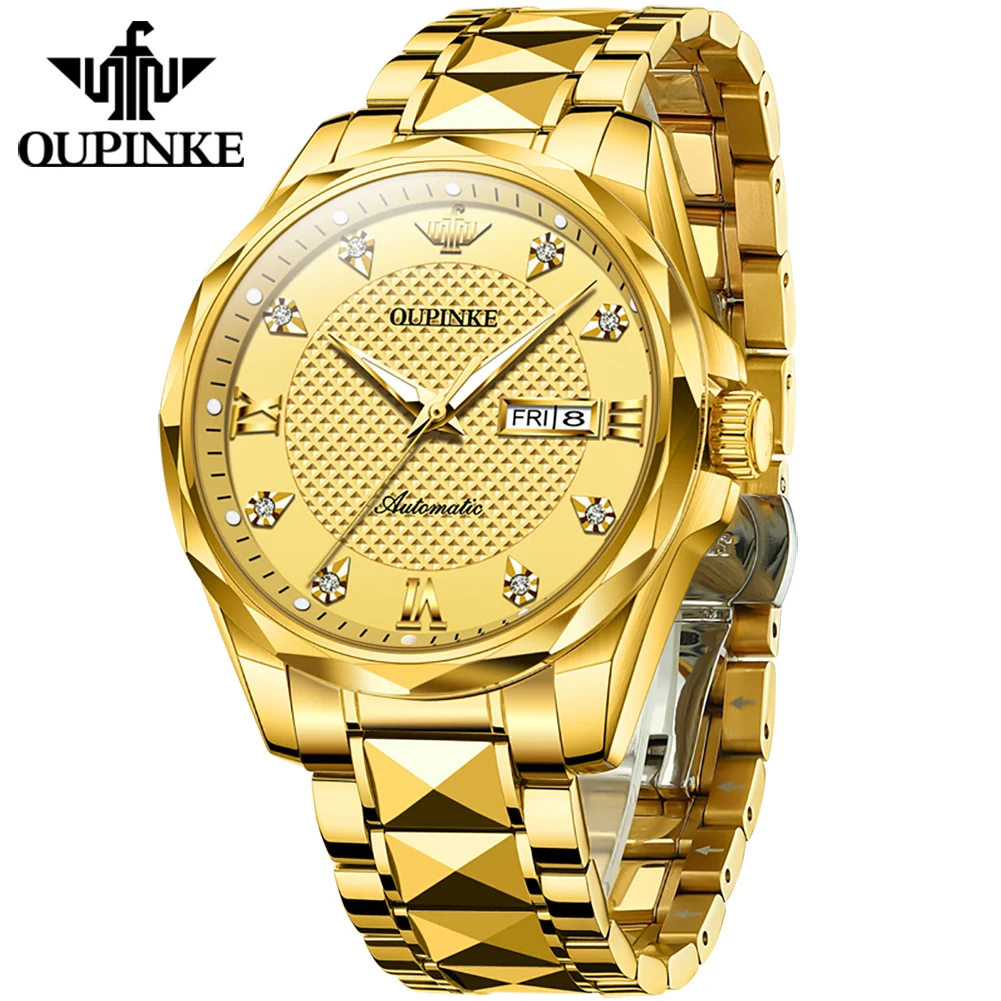 

OUPINKE Luxury Business Men's Watches Automatic Mechanical Tungsten&Stainless Steel Strap Calendar Diamond Scale 50M Waterproof