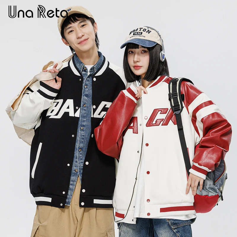 

Una Reta Men's Jacket Autumn New Streetwear Hip Hop PU Leather Splicing Coat Harajuku Quality Loose Couple Baseball Jacket