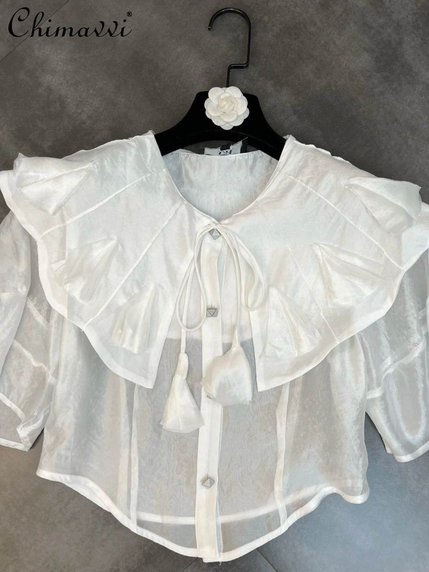 

2022 Summer New Fashion Ruffles Lapel 7-Point Sleeve Tassel Tied Shirt Short and Simple Temperament Transparent Blouse All-Match