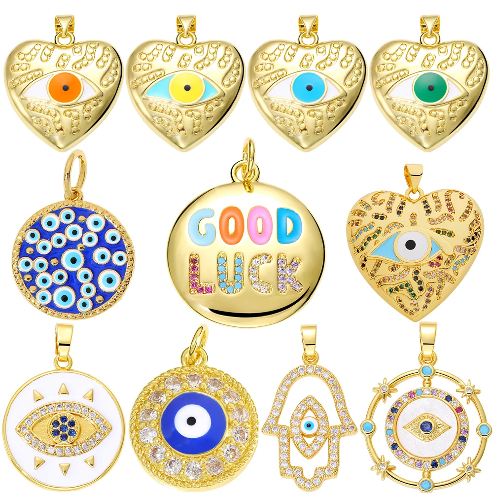 

Juya DIY 18K Real Gold Plated Pendants Handicraft Decoration Enamel Love Heart Hamsa Fatima Hand Greek Evil Eye Charms Supplies