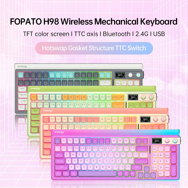 Механическая клавиатура Fopato H98, 98 клавиш, 3 режима, Беспроводная игровая механическая клавиатура, TFT экран, Тип C/2,4G RGB, 6000 мАч, горячая замена