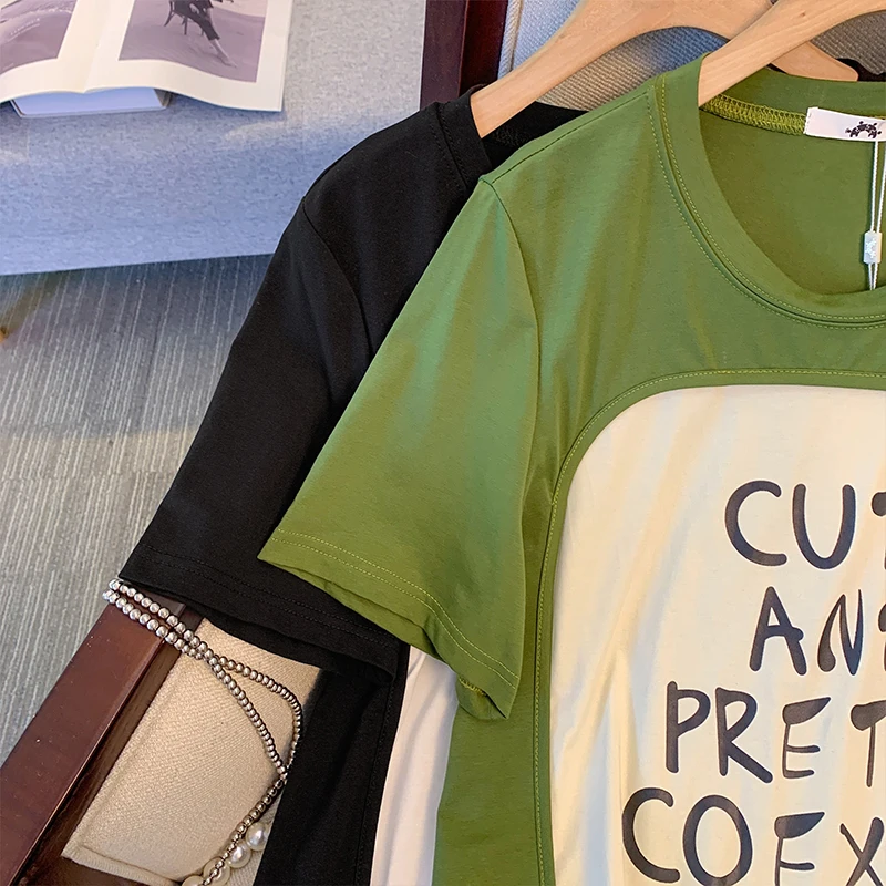 Женская Летняя Повседневная Футболка С Принтом Комбинированный Топ Большого