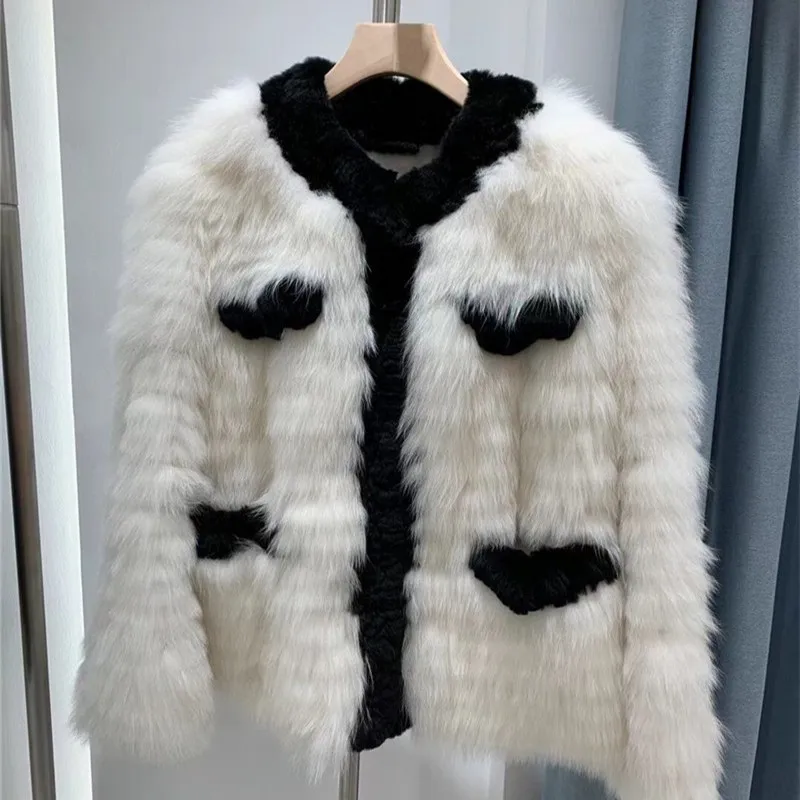 autumn new women real fox fur jacket ladies long sleeve o neck knitted fur coat black white