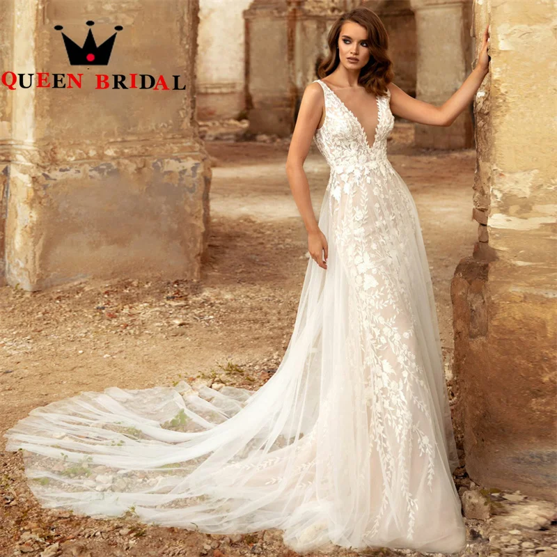 

Очаровательные кружевные свадебные платья с аппликацией и юбкой-годе с открытой спиной и V-образным вырезом, свадебные платья без рукавов с бусинами, свадебное платье S70Y на заказ