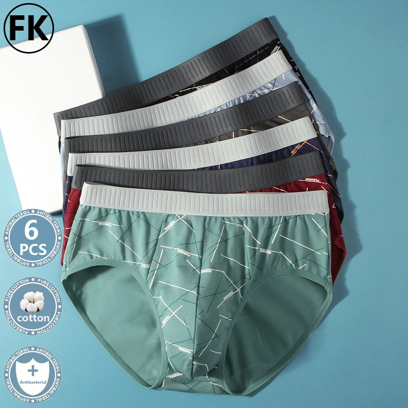 FK Men's cotton Underwear antibacterial Underpants breathable Panties middle Waist Shorts stretch Man sexy Briefs 6Pcs
