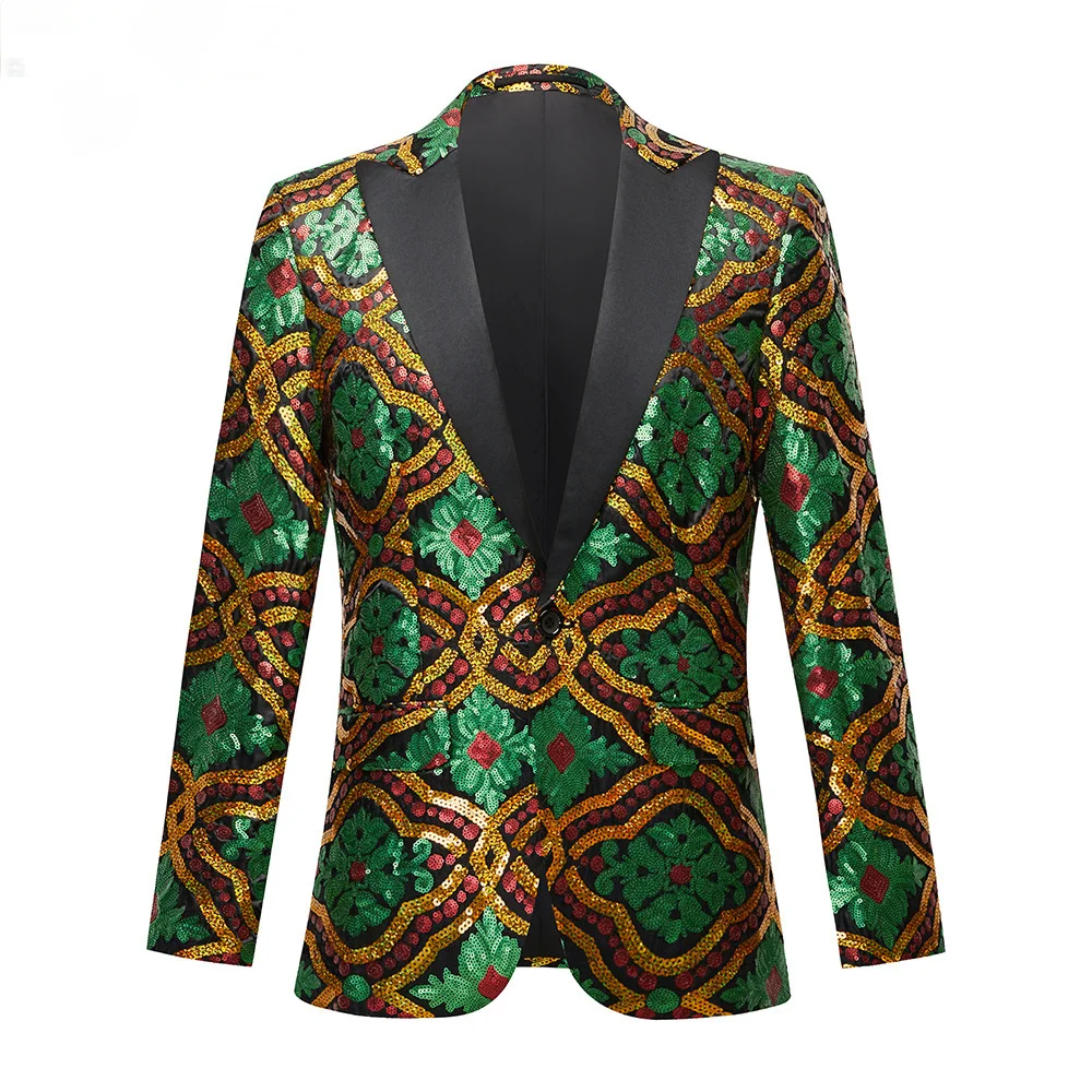 Luxury Colorful Sequin Men's Suit Jacket Singer Costume Performance Male Blazer Green Gold Lapel Top