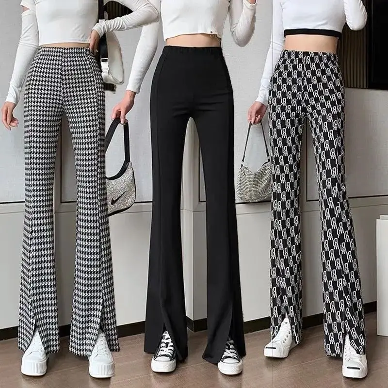 Korean Flared Trousers Women Fashion New Basics High Waist Vent Slim Casual Letter Print Elastic Waist Wide Leg Pants