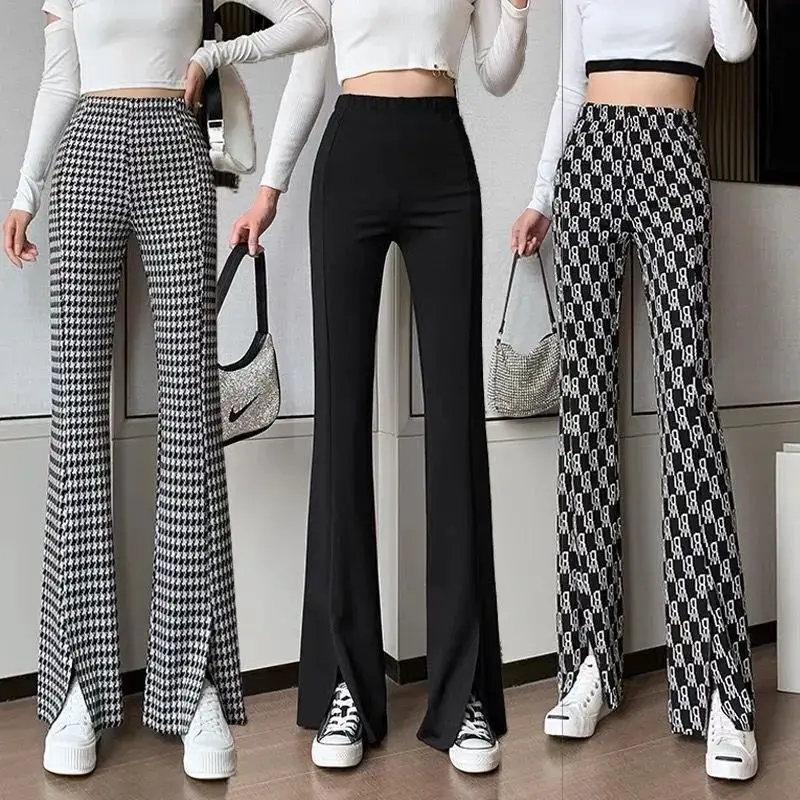 

Korean Flared Trousers Women Fashion New Basics High Waist Vent Slim Casual Letter Print Elastic Waist Wide Leg Pants