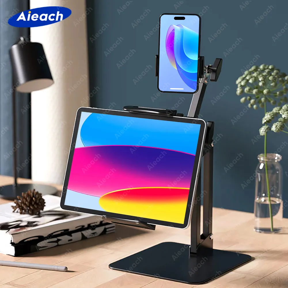 Double Clip Stands Tablet Stand Phone Holder for Desk, Adjustable Stable Tablet Holder with Metal Base, Supports 4"-12.9" Device