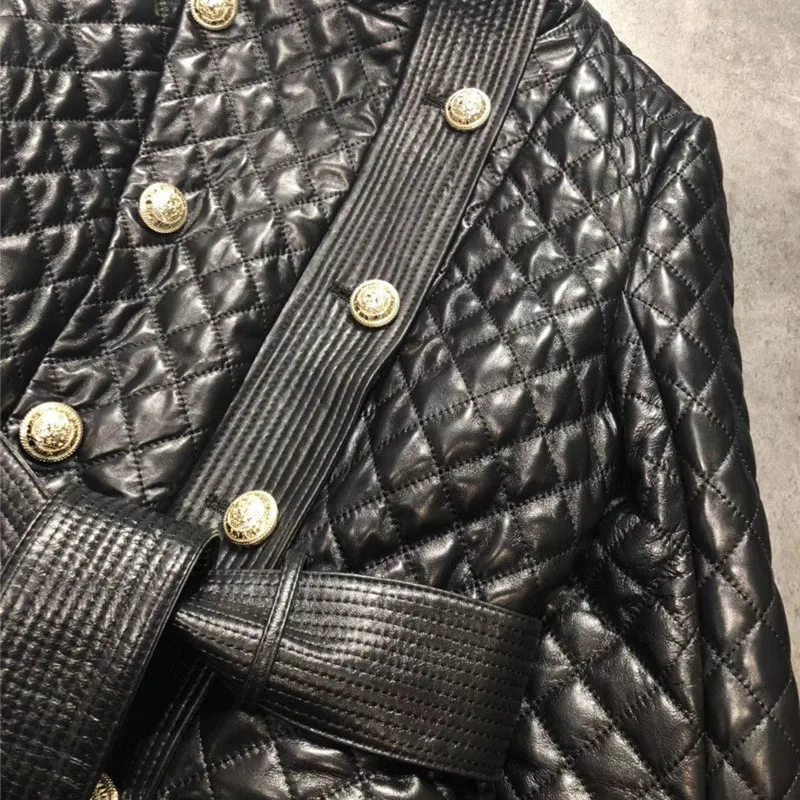 Brand Design Women Genuine Leather Jacket Coat Spring Classical Plaid Double Breasted Real Leather Jacket Belt