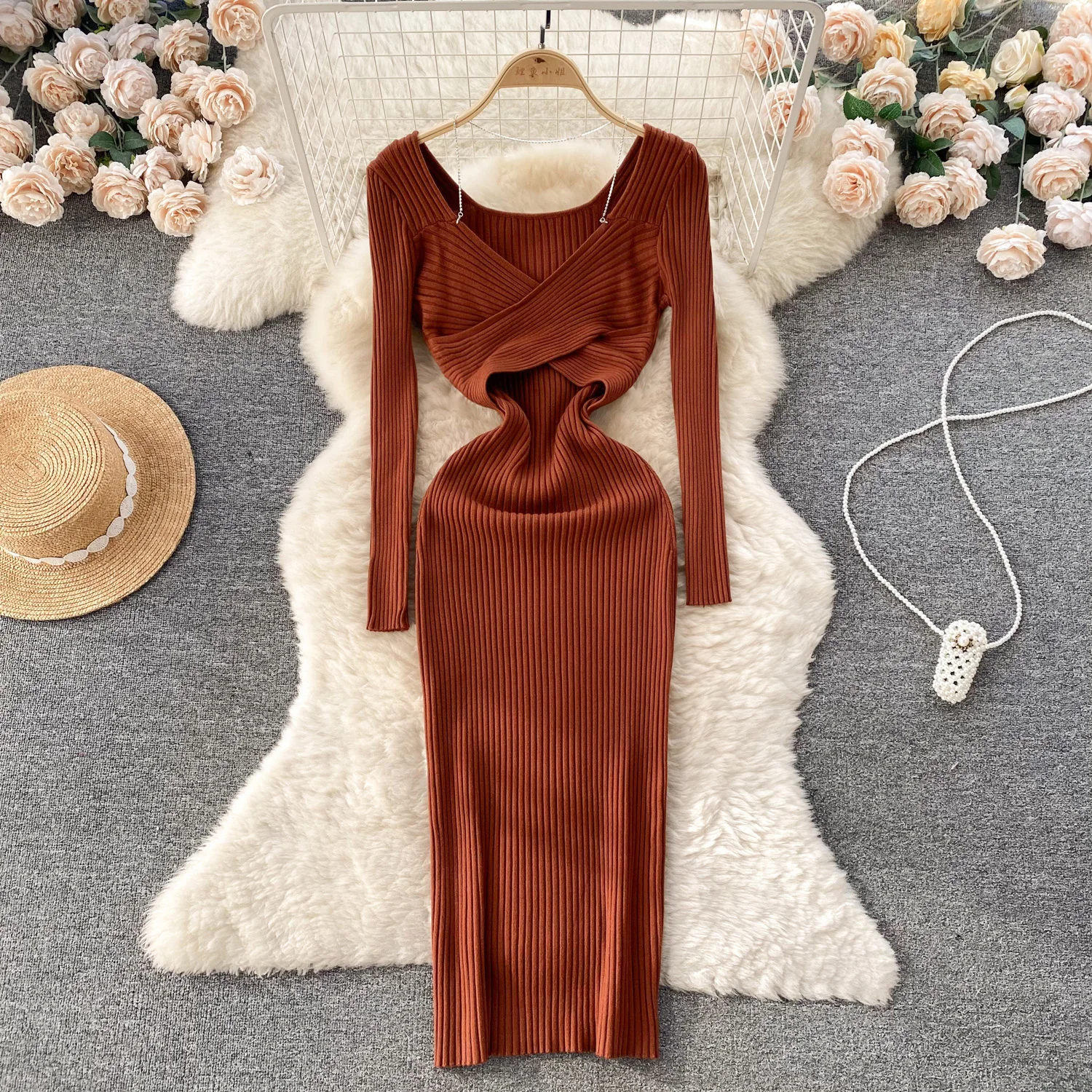 

Women Elegant Long Sleeve Bodycon Chain Halter Dress Sexy Fashion Knit Vestidos Elastic Slim Hip Wrap Sweater Dress