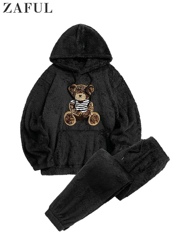 

Men's Tracksuits Bear Pattern ooded oodie Cotton Fluffy Sweatsirts wit Trouser Set Beam Feet Sweatpants Pullover Suits