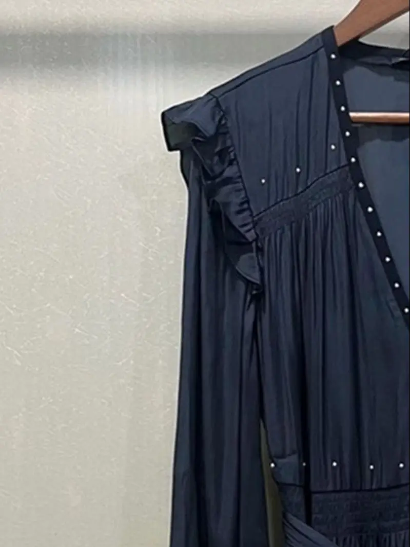 

Women Rivet Trim Lace Up V-Neck Long Sleeve High Waist Pleated Elegant Mini Dress