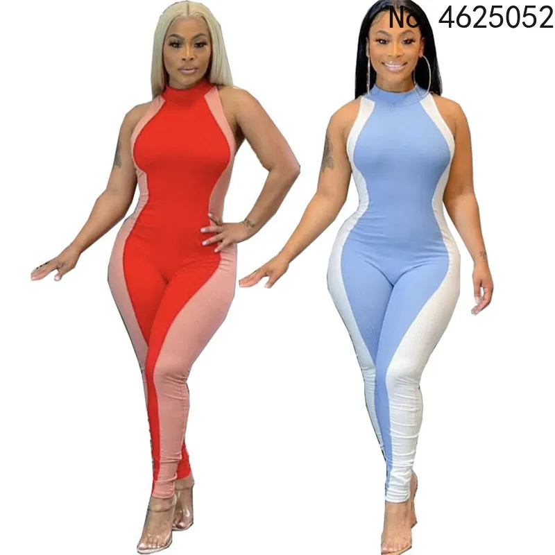 

Женский комбинезон без рукавов, повседневный облегающий эластичный комбинезон синего и красного цветов в стиле пэчворк, летняя одежда, 2019