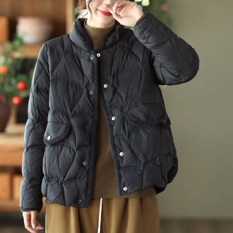 Down Jacket Women Winter White Duck Down Coat Mink Hair Stand Collar Snow Coat Rhombic Lattice Pockets Buttons Down Ladies M11