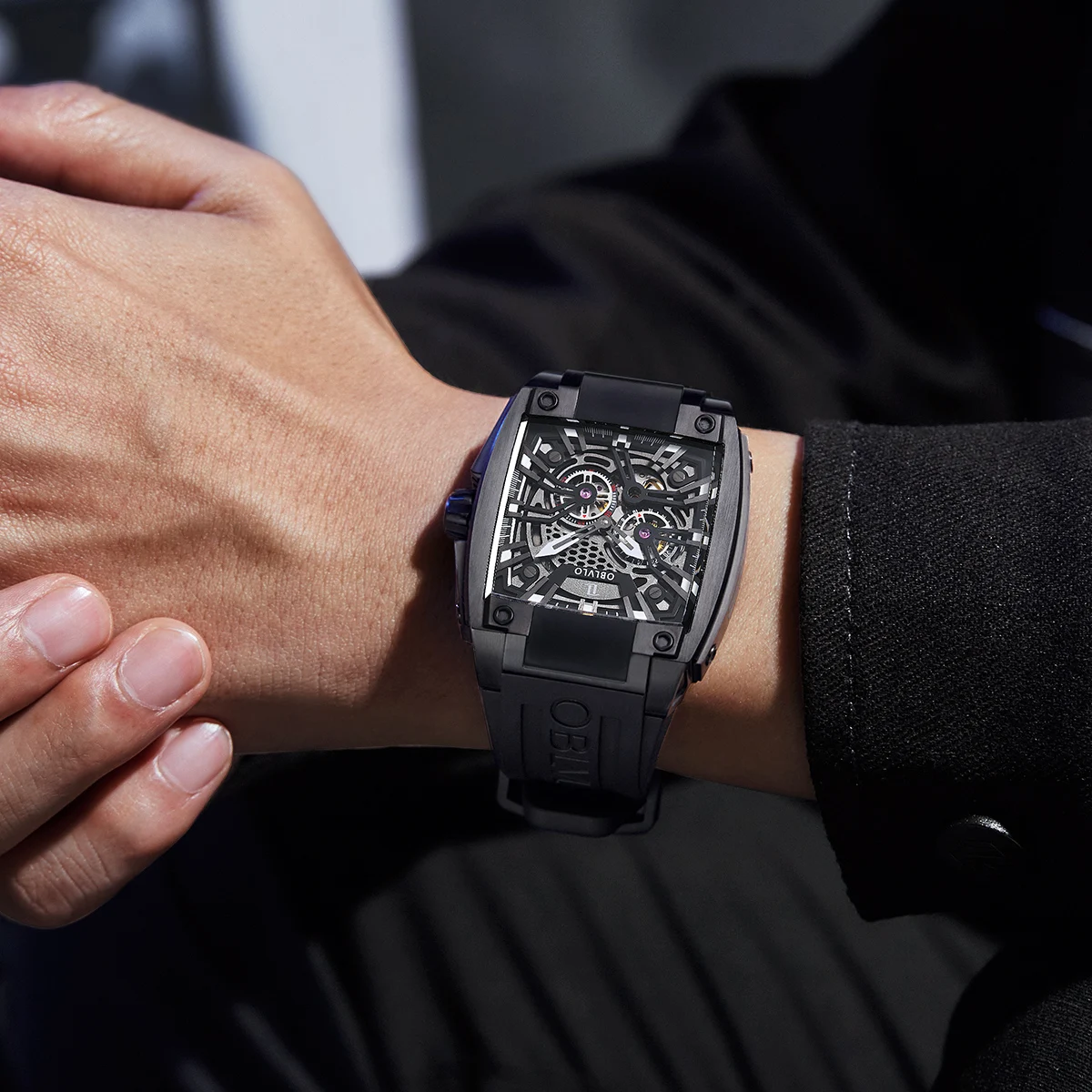 Роскошные Мужские автоматические механические часы OBLVLO светящиеся скелетоны из