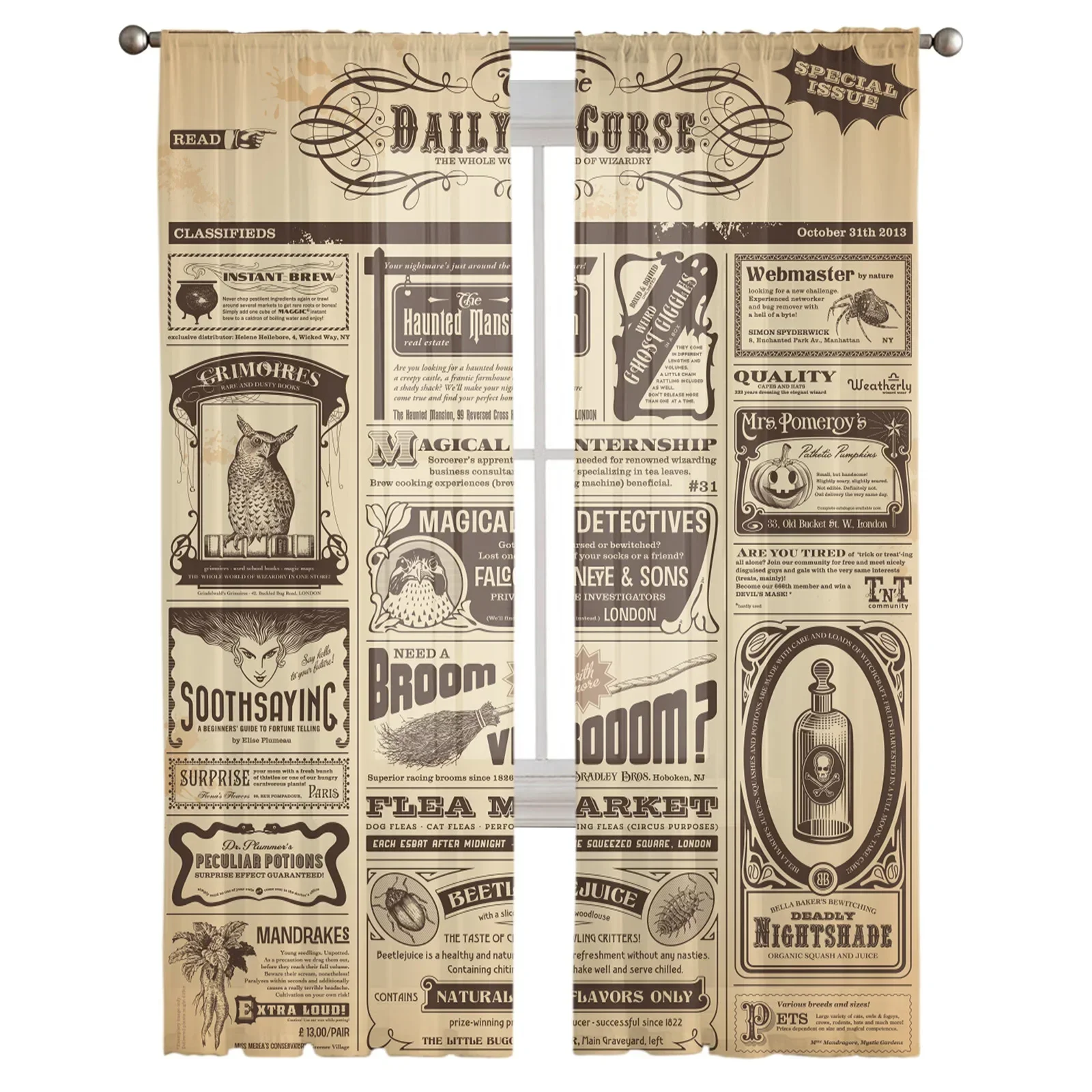 Old Newspaper Festival Halloween Tulle Window Curtains Living Room Organza Sheer Voile Curtain Bedroom Kitchen Home Decor Drape