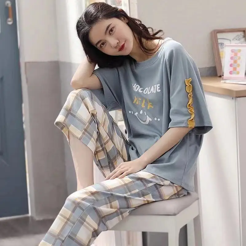 Pajamas Women Summer Cotton Explosive Fashion Simple Casual Home Wear Two-piece  with Round Neck Breathable and Soft Nightwear
