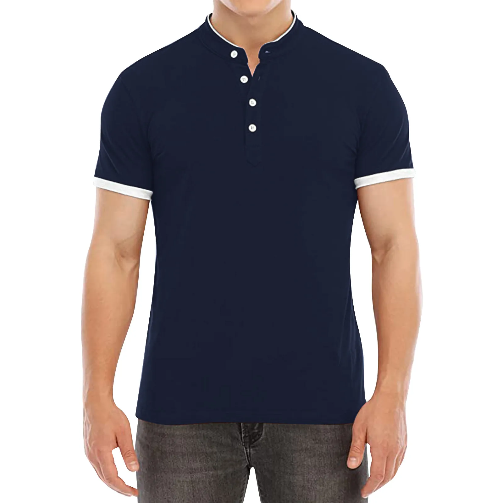 

Мужская модная повседневная спортивная Однотонная рубашка с воротником-стойкой и коротким рукавом, летняя блузка