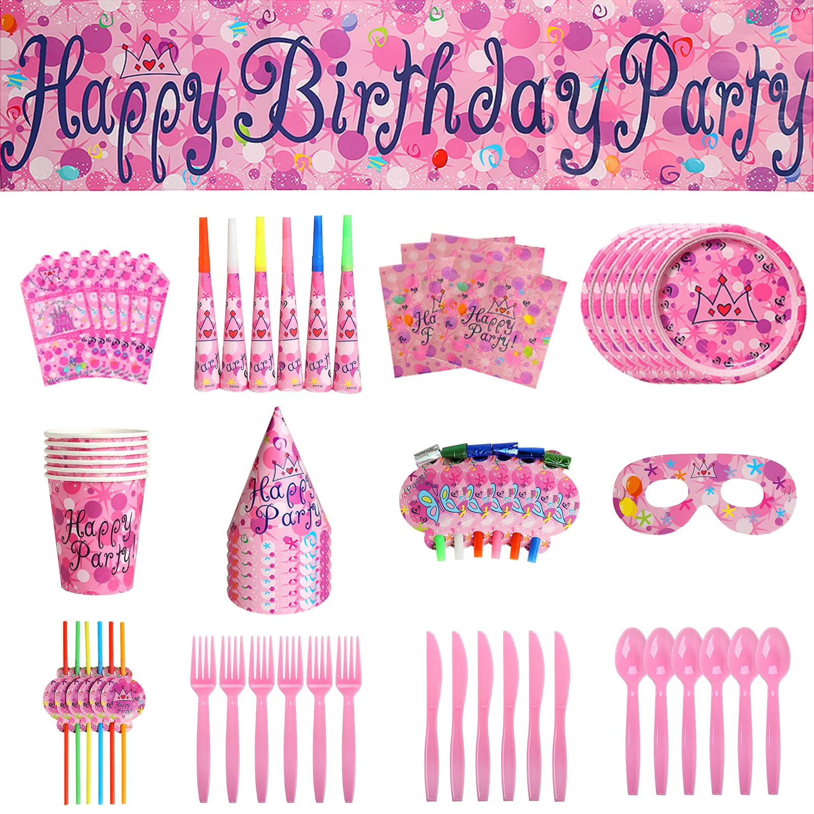 

Happy Birthday Theme Party Supplies Party Tableware Kit 71Pcs Included Banner Plates Cups Napkins Cutlery Straws Happy Birthday