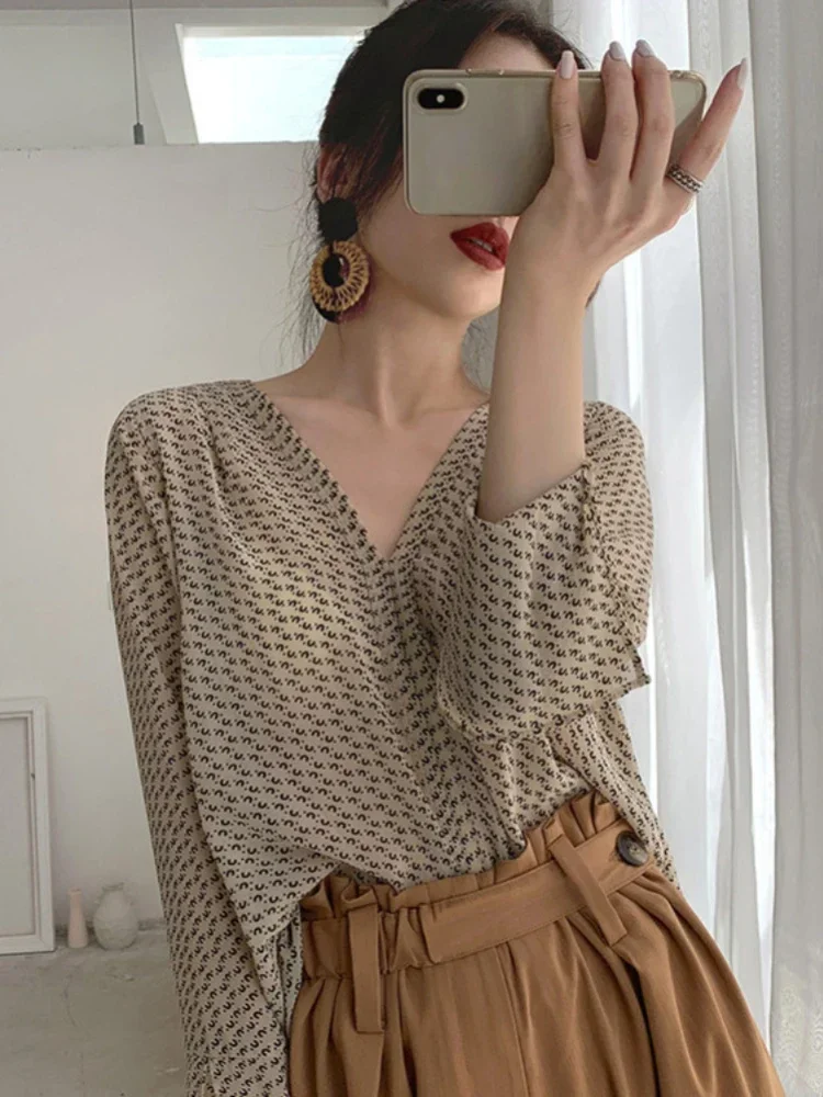 Винтажные женские рубашки блузки с v-образным вырезом и длинными рукавами