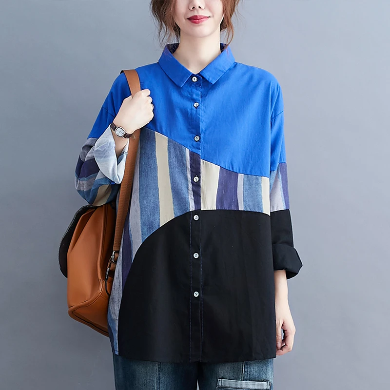 

SuperAen Autumn 2023 Fashion Contrast Colored Linen Shirt Women's Loose Casual Shirts for Women