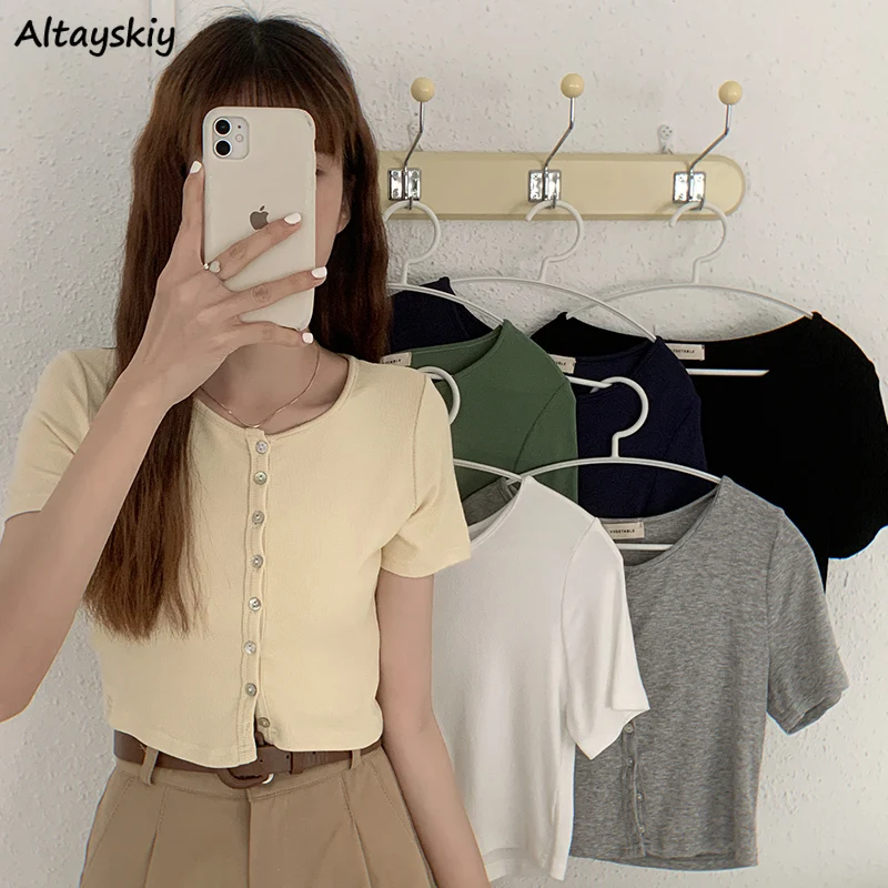 

Женские футболки 6 цветов, дышащая летняя одежда Ulzzang для колледжа, однотонные облегающие укороченные топы, футболка, Повседневная Уличная о...