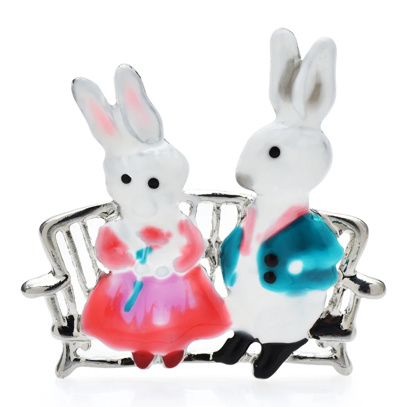

Wuli&baby Fall In Love Rabbits Brooches For Women 2-color Enamel Cartoon Couple Of Bunny Animal Party Casual Brooch Pins Gifts