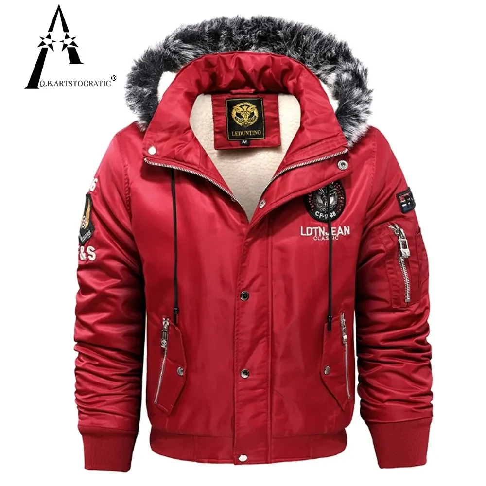 

Thick Plush Lining fashion large size Hat Detachable Winter parkas warm men's black blue red cotton-padded jacket velvet coa