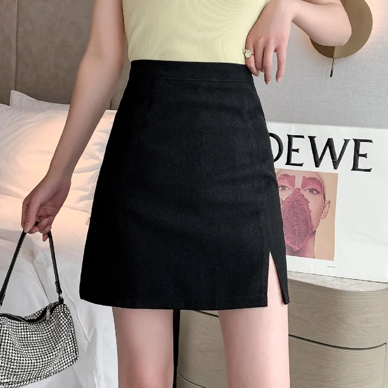 

Женская юбка-трапеция с высокой талией, элегантная однотонная мини-юбка с Боковым Разрезом, летняя модная повседневная универсальная тонкая короткая юбка для женщин