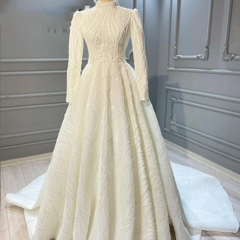 

Exquisite Wedding Dresses High Neck Full Sleeves Zipper Back Bride Gowns For Women Tulle Court Train A-Line Vestido De Noiva