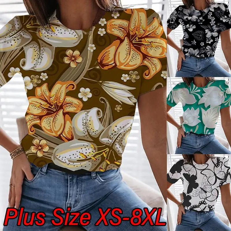 

2022 Women's Floral Butterfly Print T Shirt Round Neck Summer Basic Tops