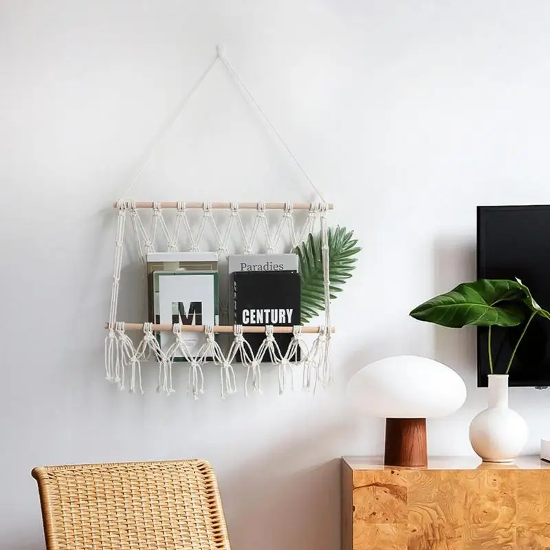 Macrame Wall Hanging Shelf Boho Home Decor Shelves On Wall Stuffed Animal Net Mesh Hammock Kids Bedroom Plush Toy Organizer