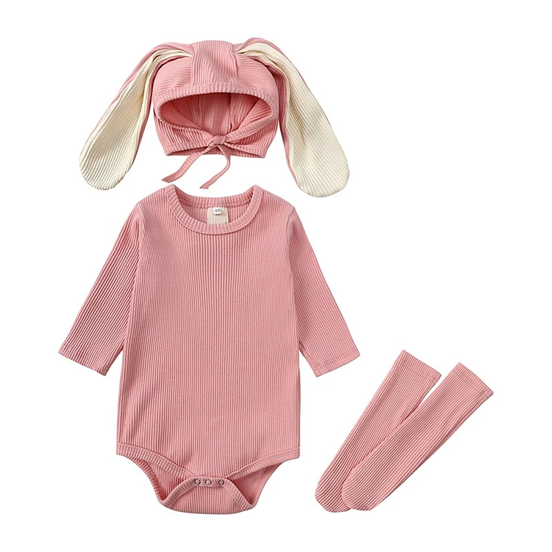 

New INS Baby Bodysuits Clothing Spring Autumn Kids Rabbit Ears Long Sleeve Rompers+Hats+Socks Toddle Infants Clothes 4pcs/set
